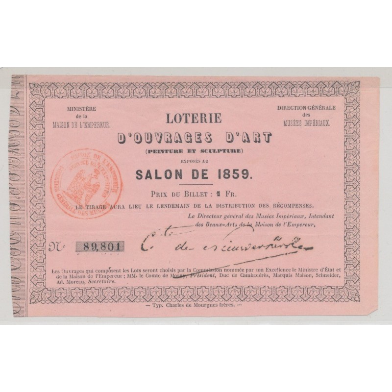 Billet Loterie d'ouvrages d'art - salon de 1859 - 1 Franc