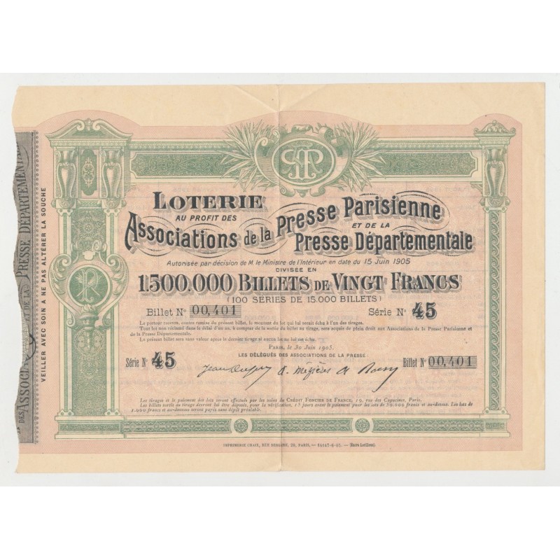 Billet Loterie - Presses parisiennes et départementales - 1905