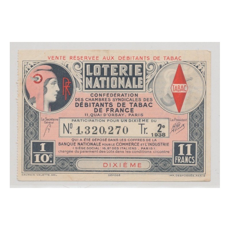 Billet Loterie nationale - Débitants de tabac de france - 1/10 - 11 Francs 1938