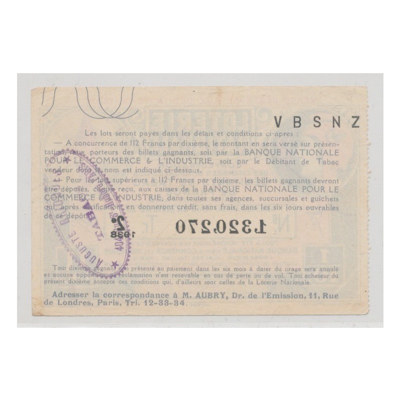 Billet Loterie nationale - Débitants de tabac de france - 1/10 - 11 Francs 1938