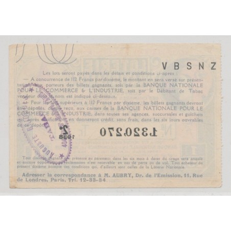 Billet Loterie nationale - Débitants de tabac de france - 1/10 - 11 Francs 1938