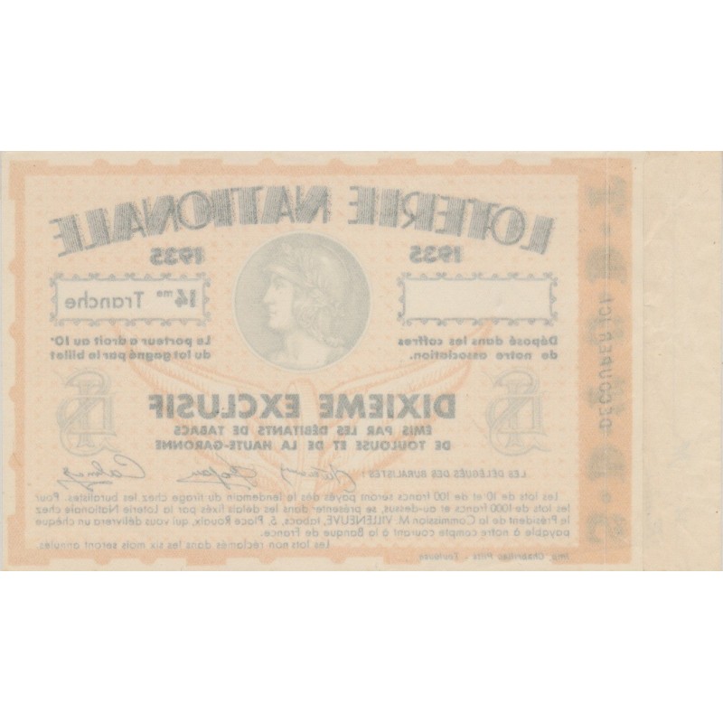 Billet Loterie nationale - 1/10 1935 - Tabacs Toulouse et haute garonne