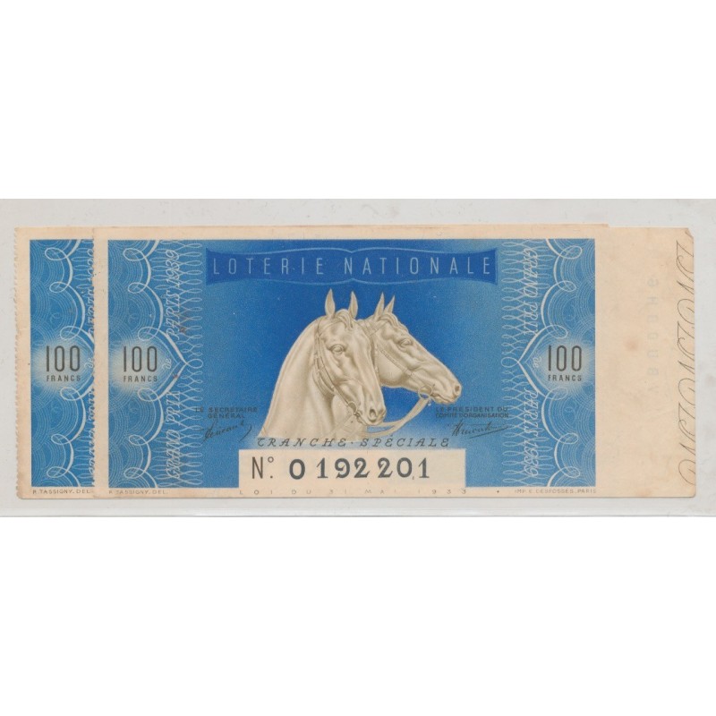 Billet Loterie nationale - 100 Francs - Grand prix de Paris 1939 - Lot de 2ex