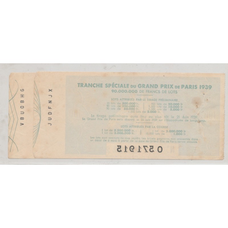 Billet Loterie nationale - 100 Francs - Grand prix de Paris 1939 - Lot de 2ex