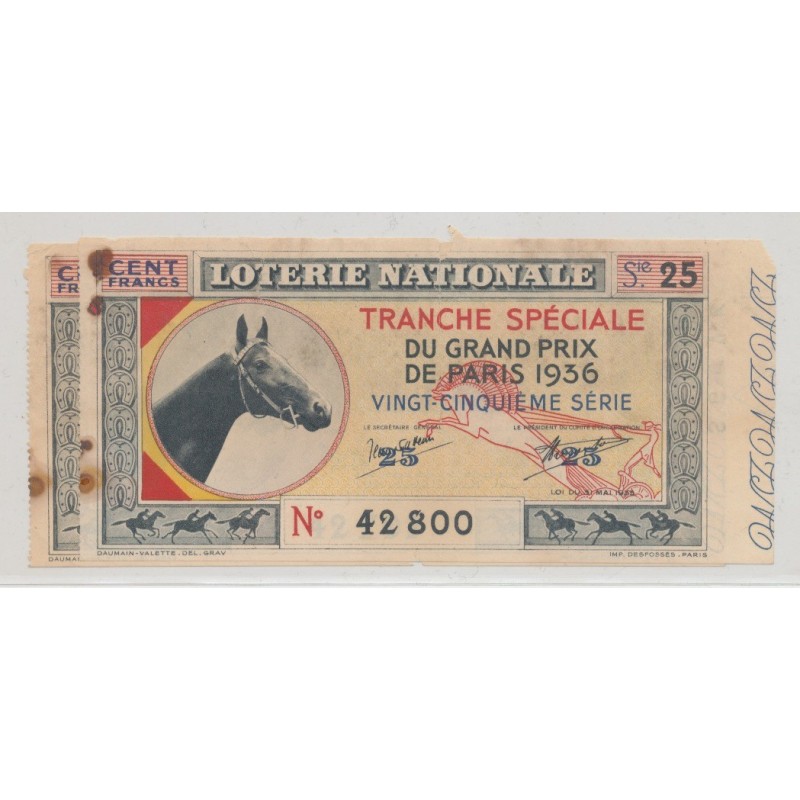 Billet Loterie nationale - 100 Francs - Grand prix de Paris 1936 - Lot de 2ex