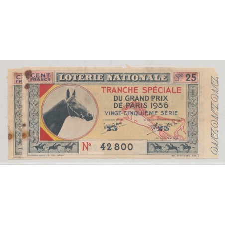 Billet Loterie nationale - 100 Francs - Grand prix de Paris 1936 - Lot de 2ex