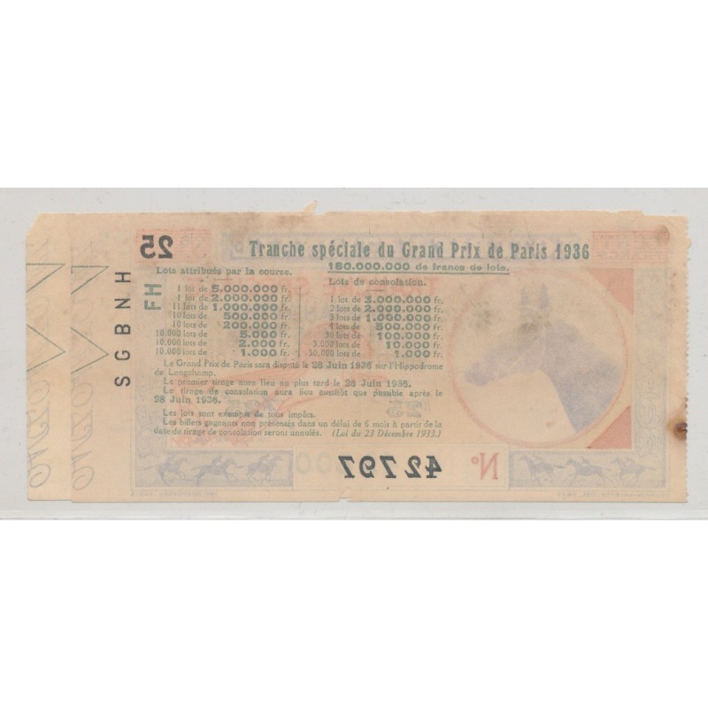 Billet Loterie nationale - 100 Francs - Grand prix de Paris 1936 - Lot de 2ex