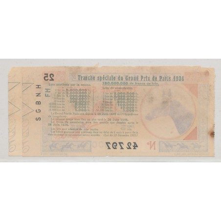 Billet Loterie nationale - 100 Francs - Grand prix de Paris 1936 - Lot de 2ex