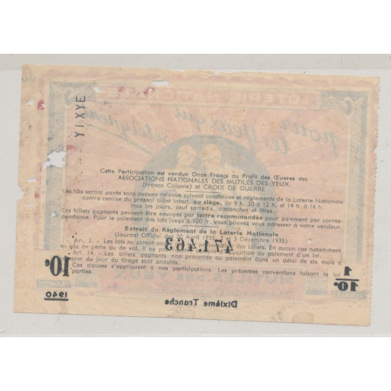 Billet Loterie nationale - Mutilé des yeux - 1/10 - 1940