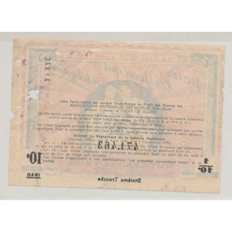 Billet Loterie nationale - Mutilé des yeux - 1/10 - 1940