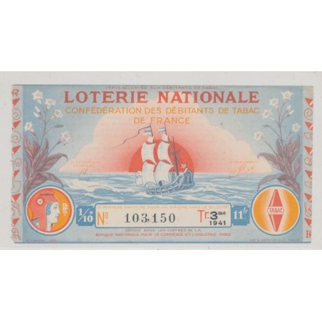 Billet Loterie nationale - Confédération débitants tabac de France - 1941