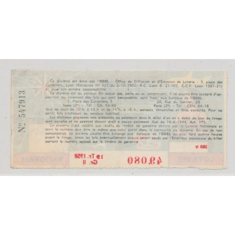 Billet Loterie nationale - Renaissance Française - 1958