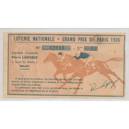 Billet Loterie nationale - Grand prix de Paris 1936
