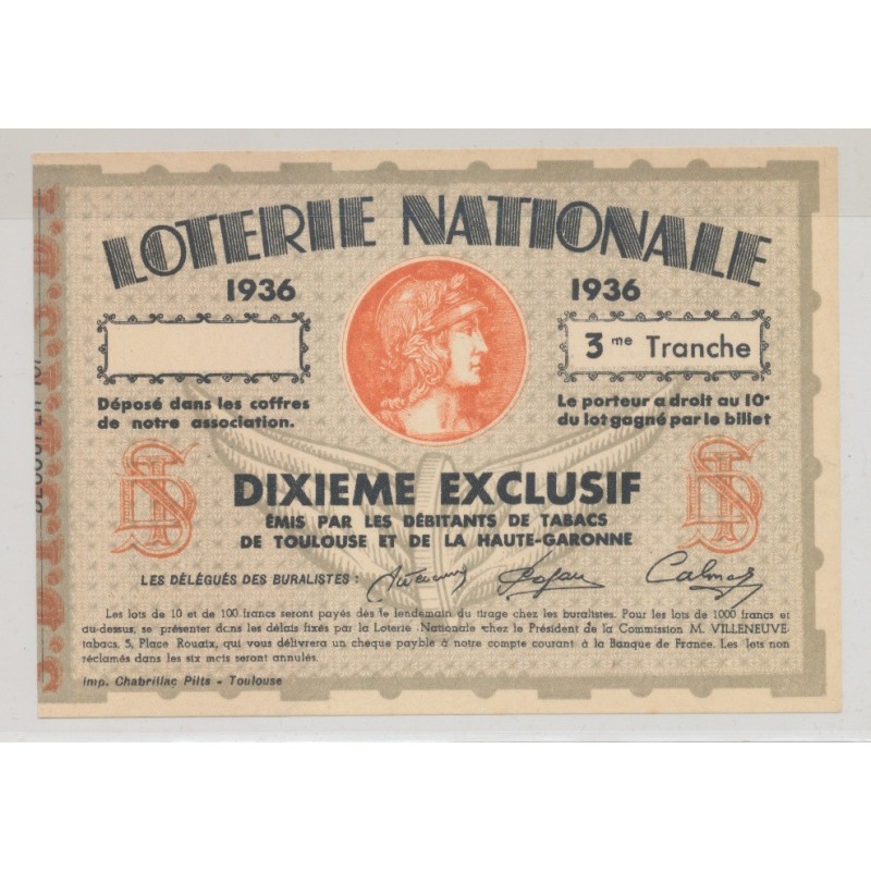 Billet Loterie nationale - 1/10 1936 - Tabacs Toulouse et haute garonne