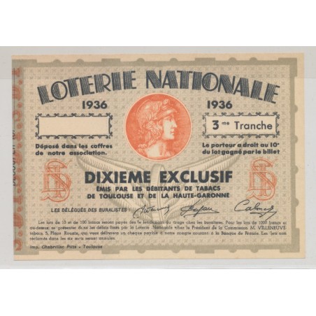 Billet Loterie nationale - 1/10 1936 - Tabacs Toulouse et haute garonne