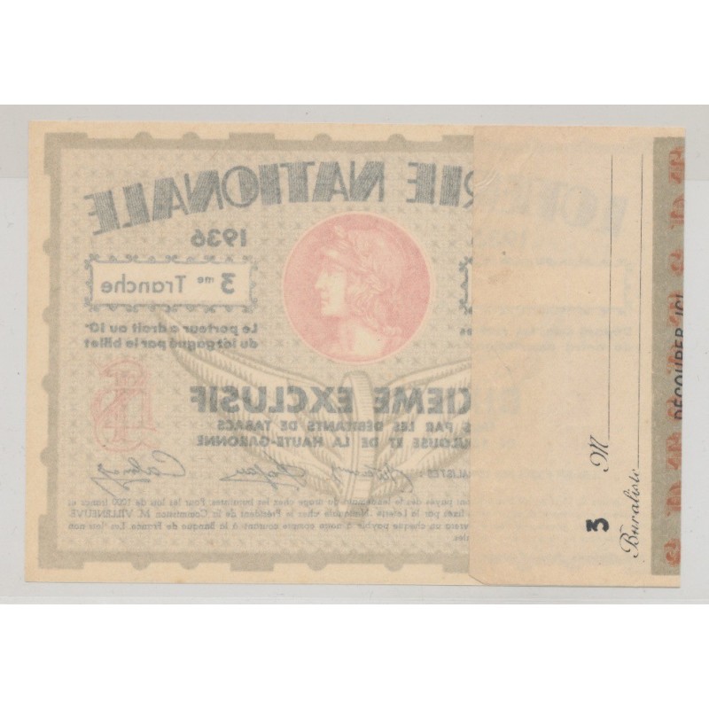 Billet Loterie nationale - 1/10 1936 - Tabacs Toulouse et haute garonne