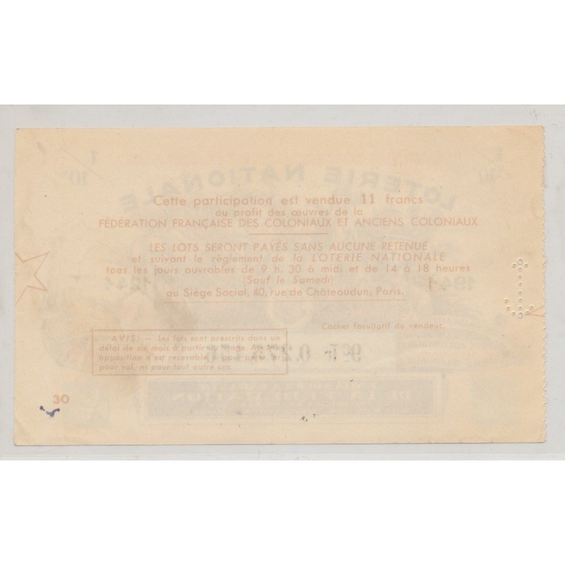 Billet Loterie nationale - Anciens combattants coloniaux - 1941