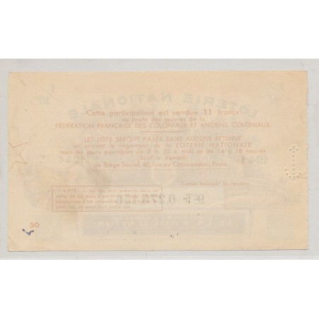 Billet Loterie nationale - Anciens combattants coloniaux - 1941