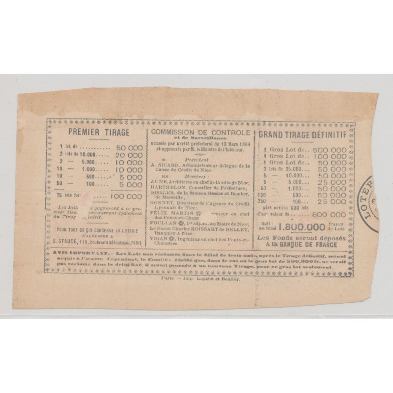 Billet Loterie de Nice - 1884