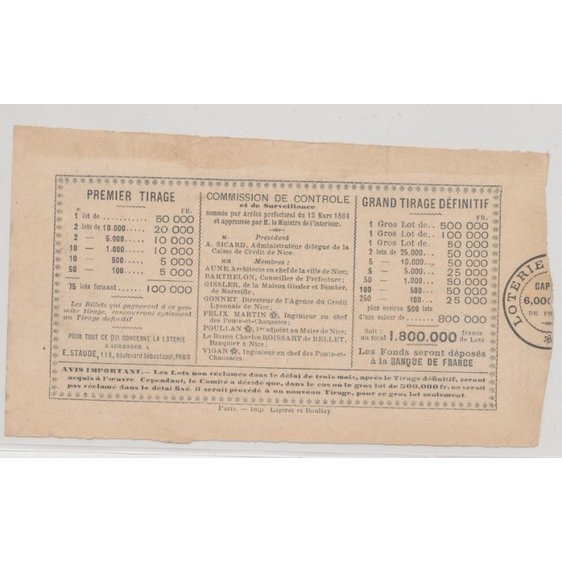 Billet Loterie de Nice - 1884 - Billet 1 Franc