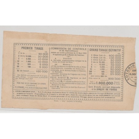 Billet Loterie de Nice - 1884 - Billet 1 Franc