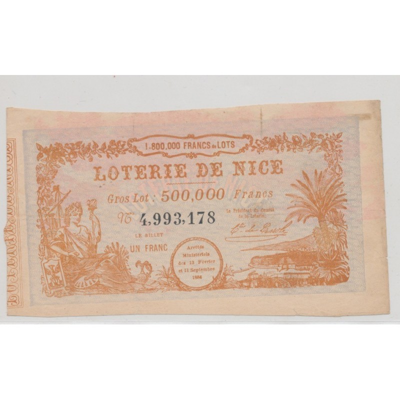 Billet Loterie de Nice - 1884 - Billet 1 Franc