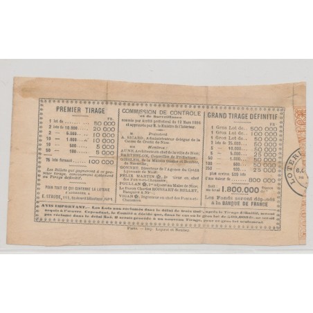 Billet Loterie de Nice - 1884 - Billet 1 Franc