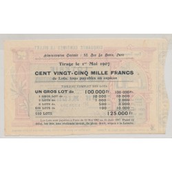 Billet Loterie - L'oeuvre des pauvres honteux - 50 centimes 1907 2