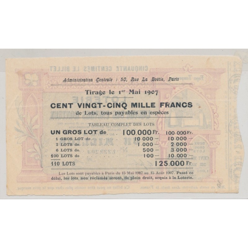 Billet Loterie - L'oeuvre des pauvres honteux - 50 centimes 1907