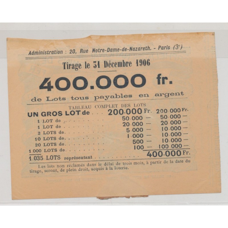 Billet Loterie - Orphelinat national des chemins de fer - 1906