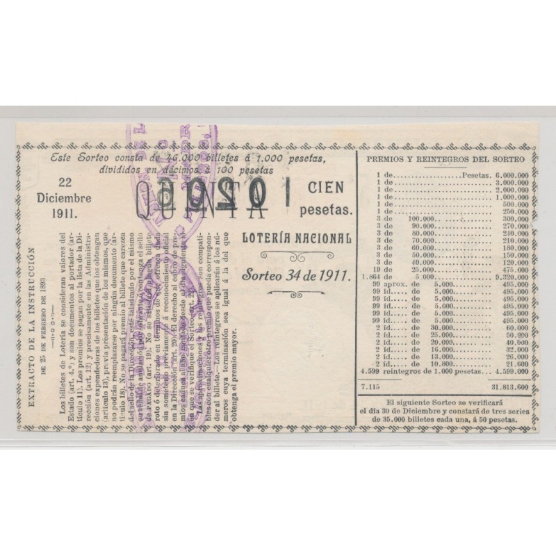 Billet Loterie - 100 Pesetas/Quinta - 1911