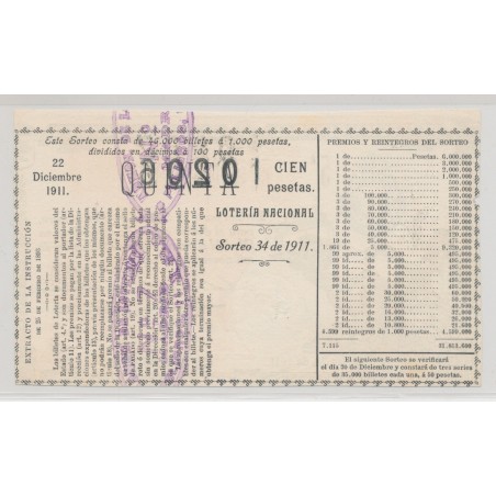 Billet Loterie - 100 Pesetas/Quinta - 1911