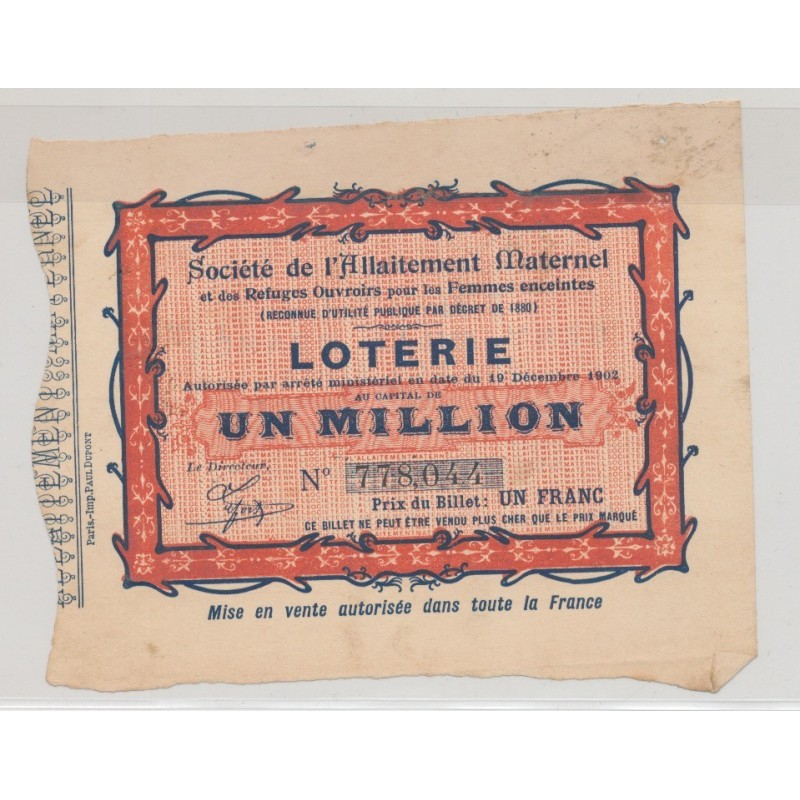 Billet Loterie - Société allaitement maternel - 1 Franc 1903