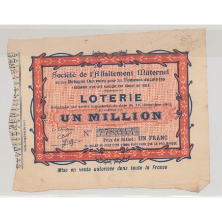 Billet Loterie - Société allaitement maternel - 1 Franc 1903