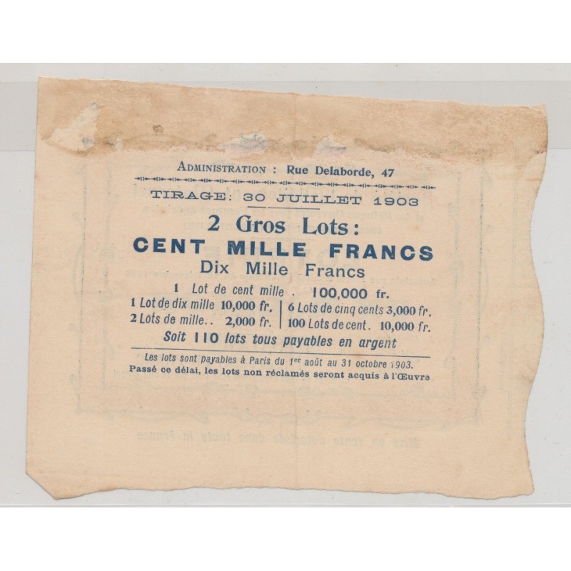 Billet Loterie - Société allaitement maternel - 1 Franc 1903