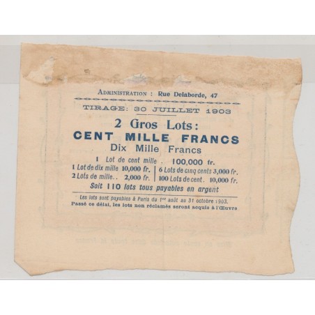 Billet Loterie - Société allaitement maternel - 1 Franc 1903