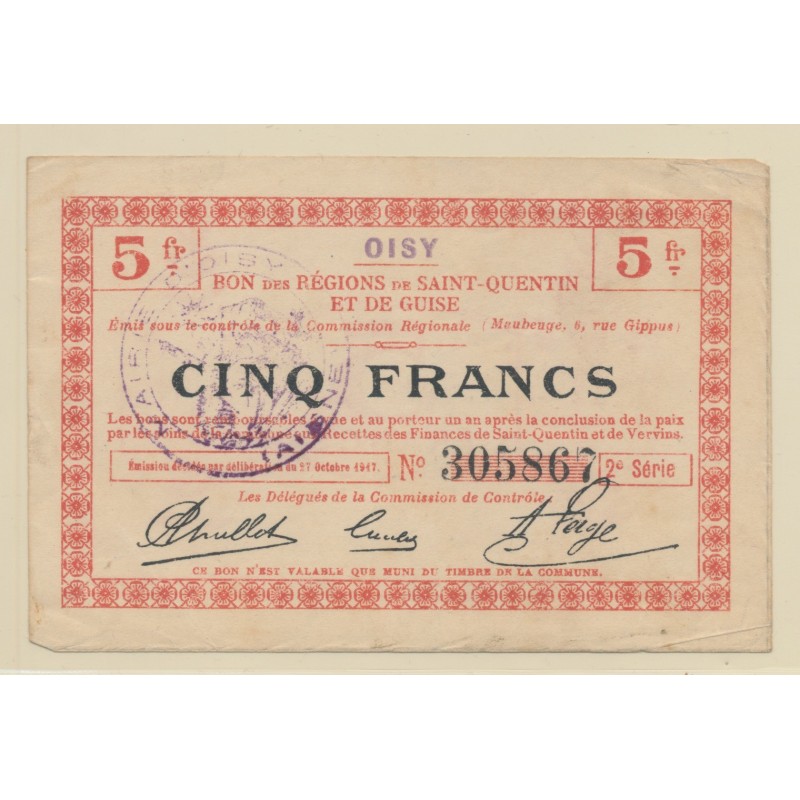 Dept59 - 5 Francs Oisy - 1917 - TTB