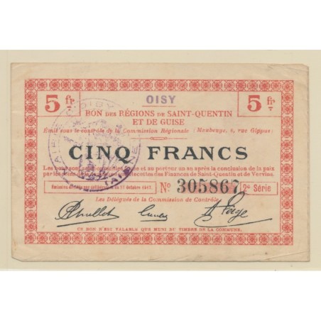 Dept59 - 5 Francs Oisy - 1917 - TTB