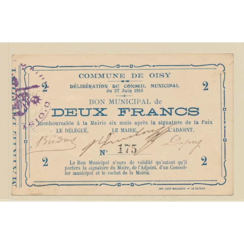 Dept59 - 2 Francs Oisy - 1915 - TTB+