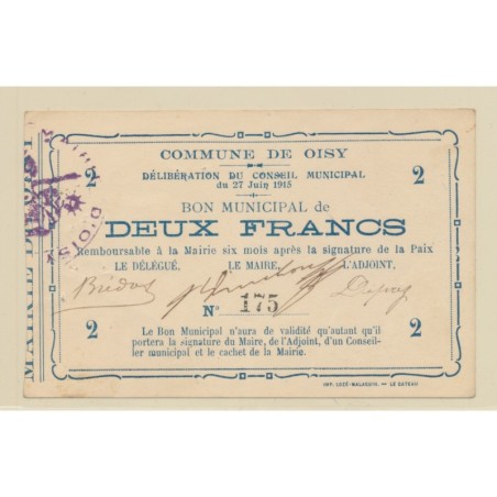 Dept59 - 2 Francs Oisy - 1915 - TTB+