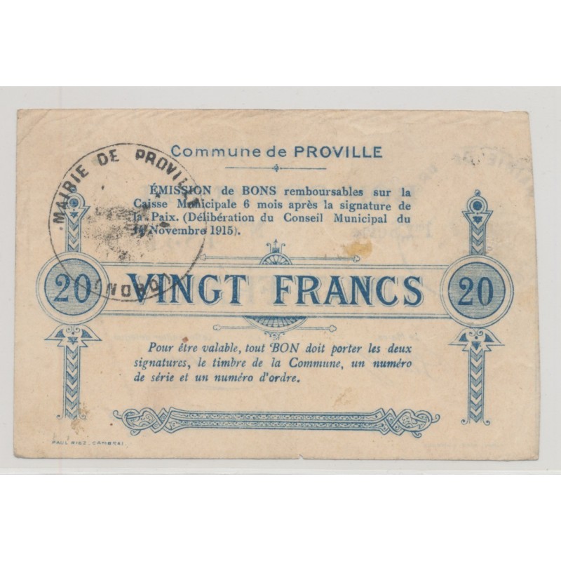 Dept59 - 20 Francs Proville - 1915 - TB+/TTB