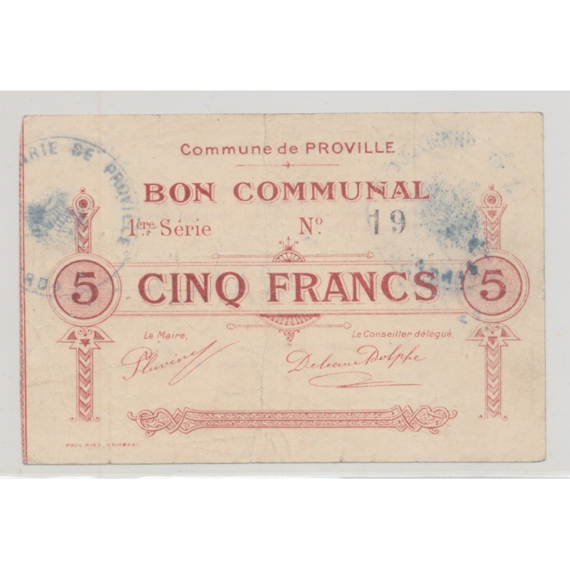 Dept59 - 5 Francs Proville - 1915 - TB+