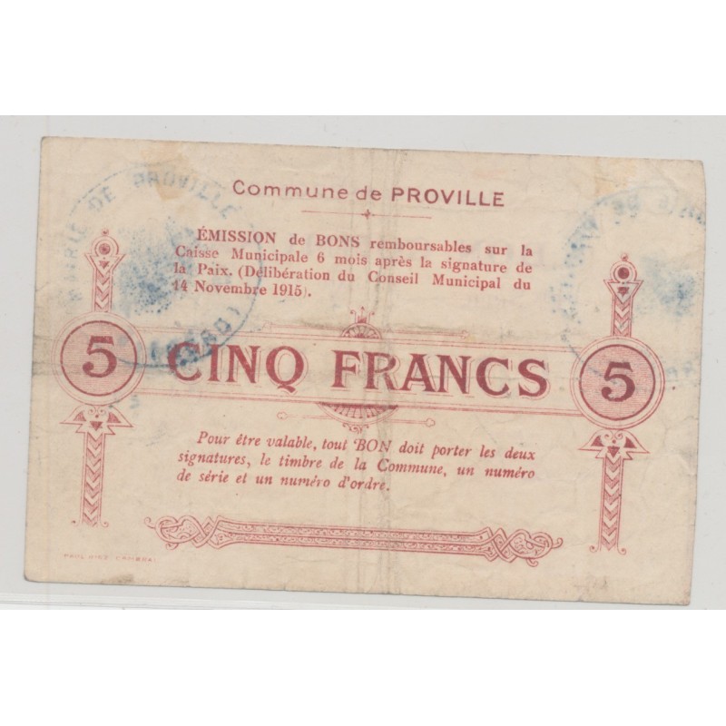 Dept59 - 5 Francs Proville - 1915 - TB+