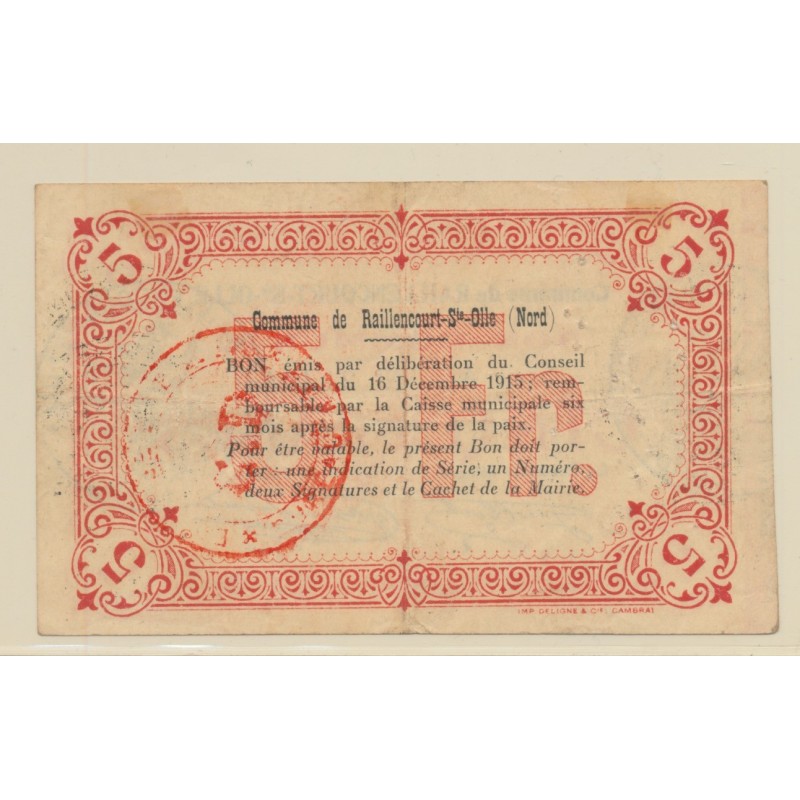 Dept59 - 5 Francs Raillencourt - 1915 - TTB