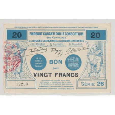 Dept59 - 20 Francs valenciennes 1916 - SUP