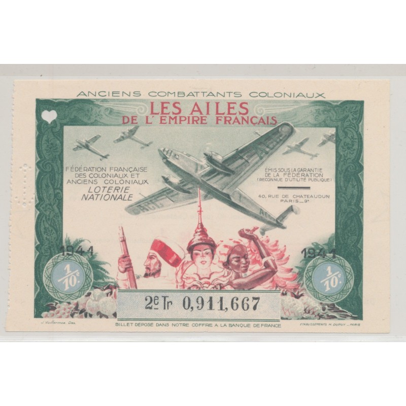 Billet Loterie nationale - Anciens combattants coloniaux - Les ailes de l'empire Français - 1941