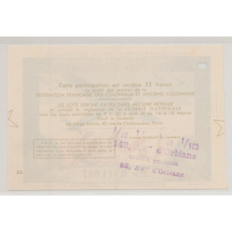 Billet Loterie nationale - Anciens combattants coloniaux - Les ailes de l'empire Français - 1941