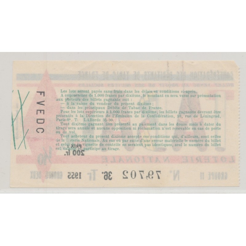 Billet Loterie nationale - Confédération débitants tabac de France - 1955