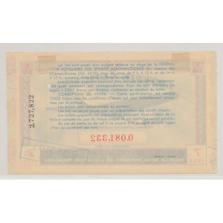 Billet Loterie nationale - Jeunesse de France - l'aviation t'appelle - 1938