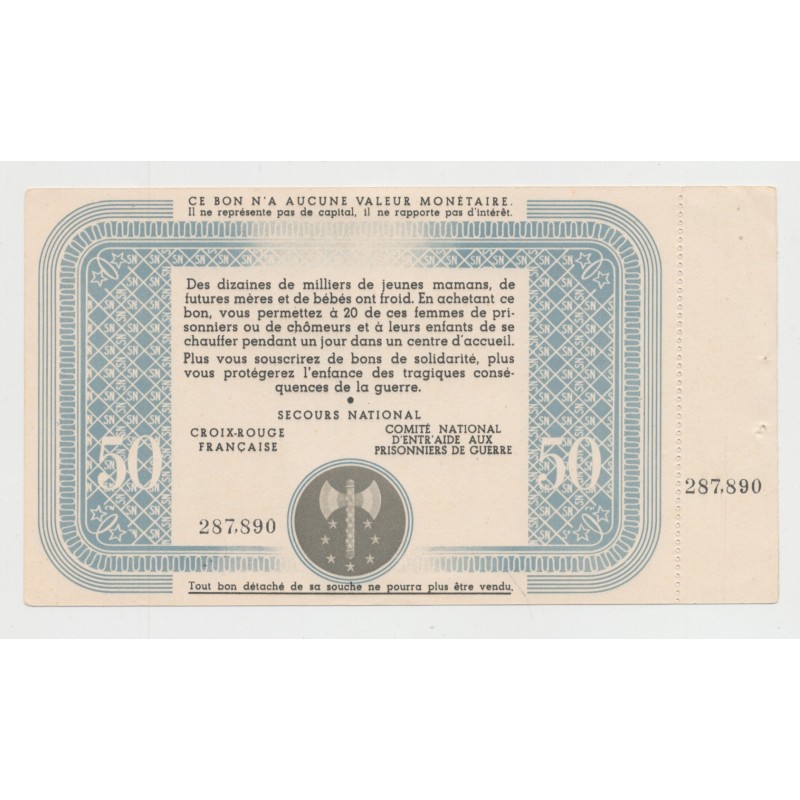 Bon de solidarité - 50 Francs Pétain - avec souche - N°287.890 - SUP+